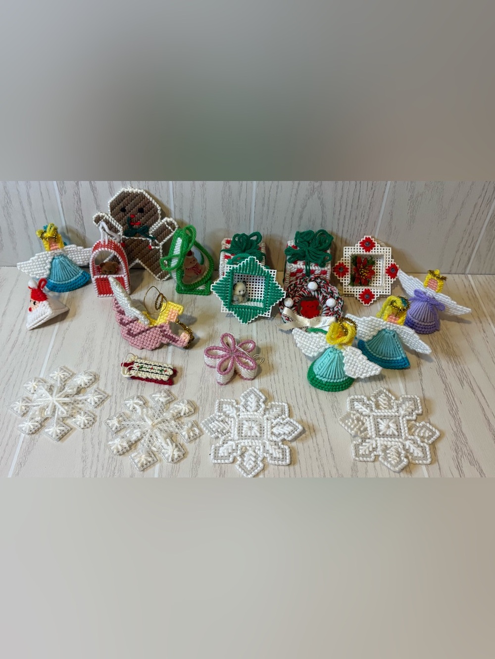 Vintage Lot of 44 Christmas Ornaments Plastic Canvas Yarn Needlepoint Handmade